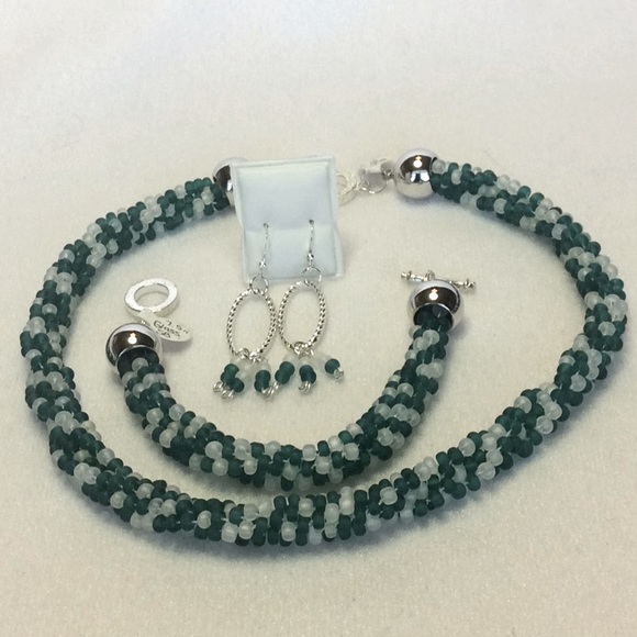 FINAL SALE PRICE Hand Woven Teal, White & Silver 3 Pc. Jewelry Set - Picture 1 of 5